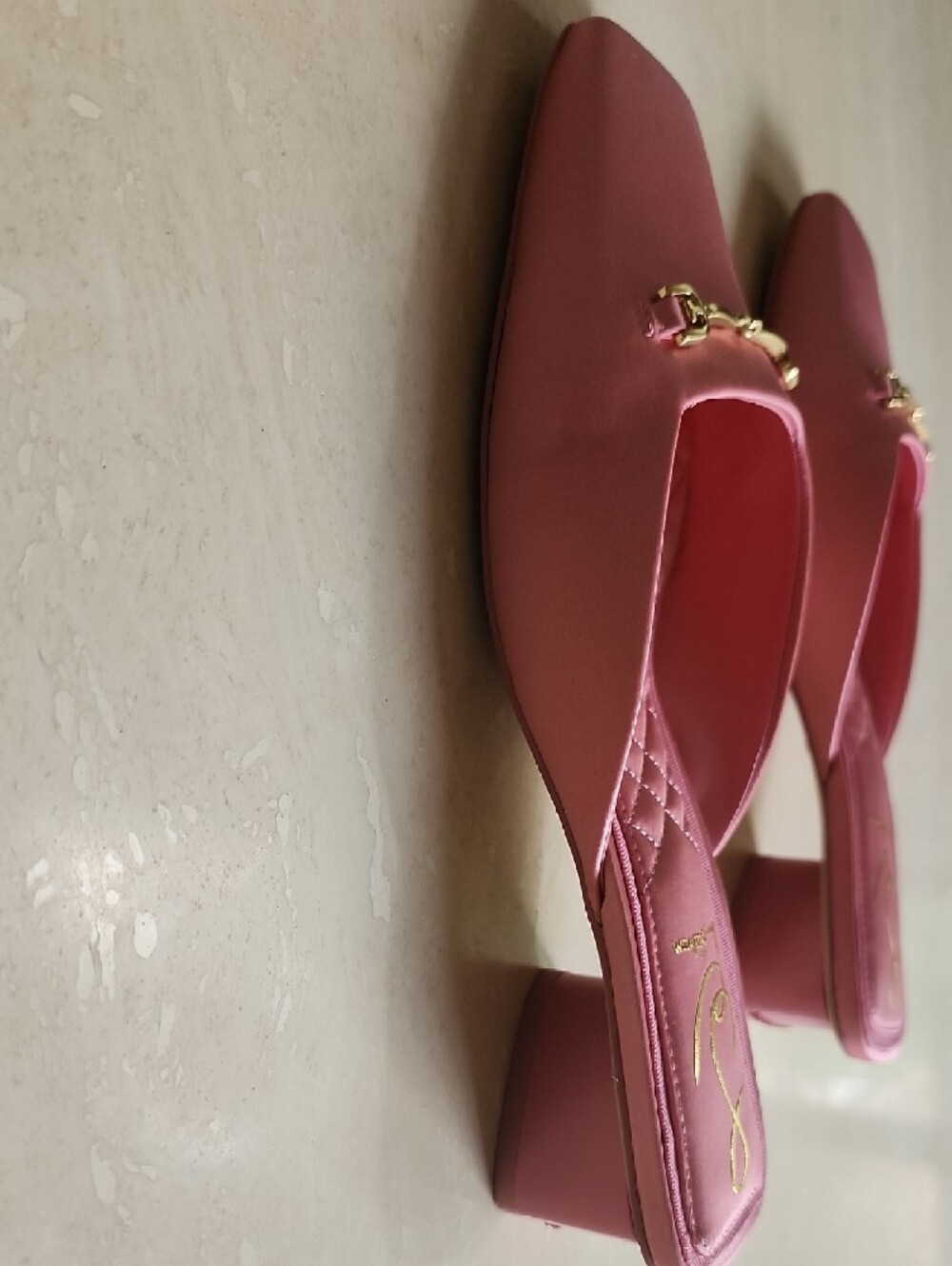 New! Sam Edelman Satin Pink Slide Mules with Gold Bit Detail - Picture 2 of 4